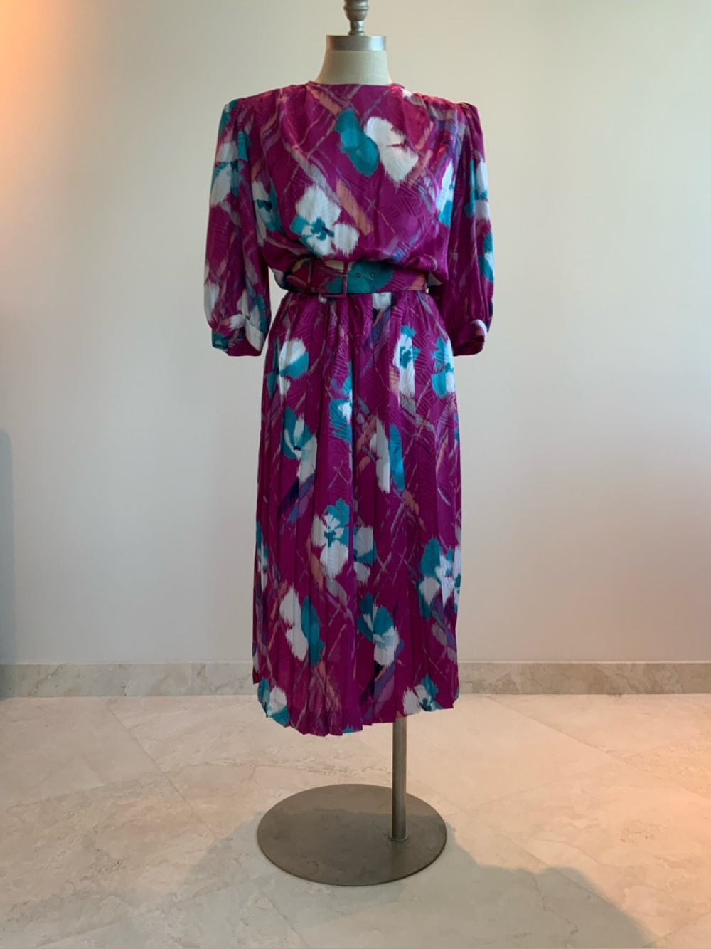 Vtg Argenti Floral Print Magenta/Teal/White Midi Dress sz 6